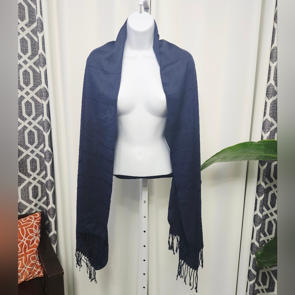 Elegant Navy Blue Shawl with Fringe